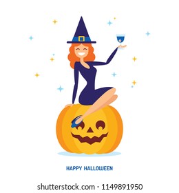 Cute cartoon halloween witch sitting on pumpkin lantern vector illustration