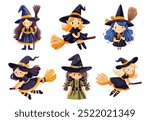 Cute Cartoon Halloween Witches watercolor vector clipart