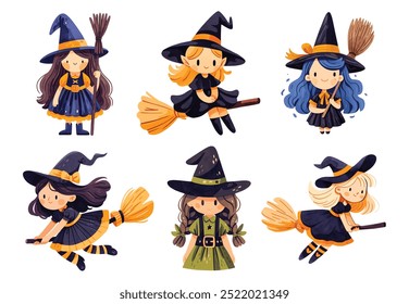 Cute Cartoon Halloween Witches watercolor vector clipart