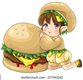 Cute cartoon hamburger elf, the goddess of food, create by vector