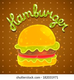Cute cartoon hamburger image. Vector fast food illustration. 