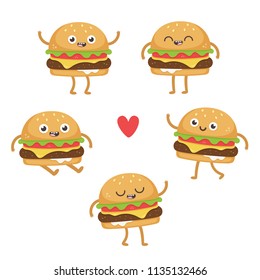 Cute cartoon hamburger. Kawaii characters in different poses. Vector illustrations set