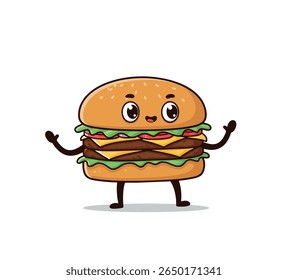 Mascote de hambúrguer de desenho animado bonito com rosto sorridente e braços levantados - personagem de fast food divertido para crianças.


