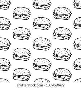 Cute cartoon hamburger pattern with hand drawn hamburgers. Sweet vector black and white hamburger pattern. Seamless monochrome doodle hamburger pattern for fabric, wallpapers and wrapping paper.
