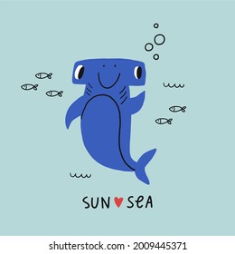 Cute cartoon hammerhead shark, sea horse, sea life - vector illustration for kids. 