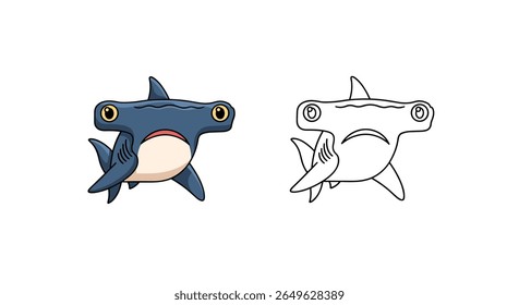 Cute cartoon hammerhead shark swimming underwater exploring the ocean depths with a friendly smile