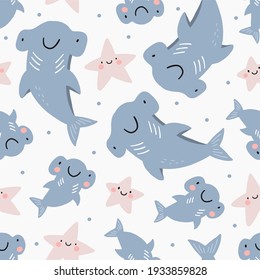 Cute cartoon Hammerhead shark - vector illustration. Seamless pattern - Shark mom and baby