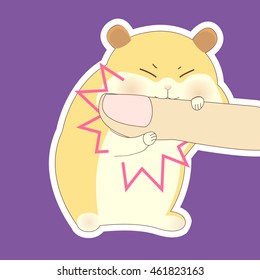 Cute cartoon. Hamster bite a finger. Postcard, background,sticker, wall prints with animal for kids. Vector illustration