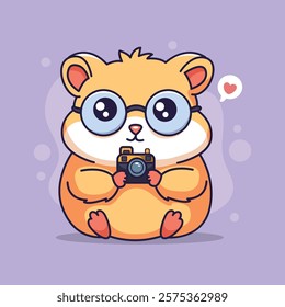 Cute cartoon hamster with a camera. Vector illustration of a cute animal.