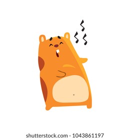 Cute cartoon hamster character singing song, funny brown rodent animal pet vector Illustration on a white background