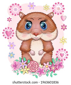 Cute cartoon hamster characters, funny animal in flowers