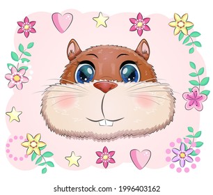 Cute cartoon hamster characters, funny animal muzzle in flowers
