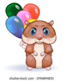 Cute cartoon hamster characters, funny animal with balloons, birthday card, holiday