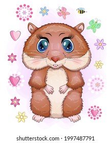 Cute cartoon hamster characters, funny animal in flowers