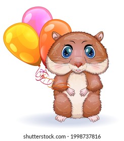 Cute cartoon hamster characters, funny animal with balloons, birthday card, holiday