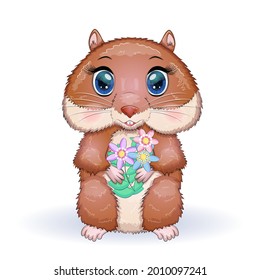 Cute cartoon hamster characters, funny animal with flowers