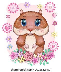 Cute cartoon hamster characters, funny animal in flowers