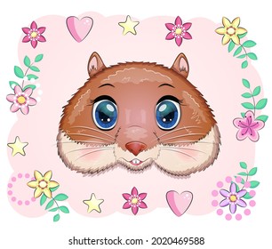 Cute cartoon hamster characters, funny animal muzzle in flowers