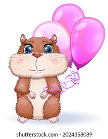 Cute cartoon hamster characters, funny animal with balloons, birthday card, holiday