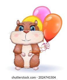 Cute cartoon hamster characters, funny animal with balloons, birthday card, holiday