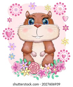 Cute cartoon hamster characters, funny animal in flowers