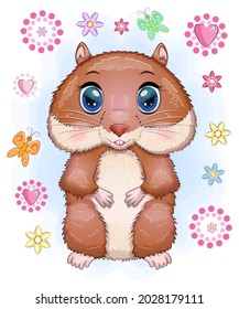 Cute cartoon hamster characters, funny animal in flowers
