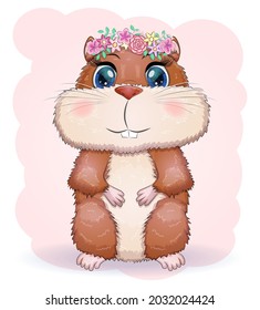 Cute cartoon hamster characters, funny animal in a wreath of flowers, rodent, pet