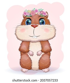 Cute cartoon hamster characters, funny animal in a wreath of flowers, rodent, pet