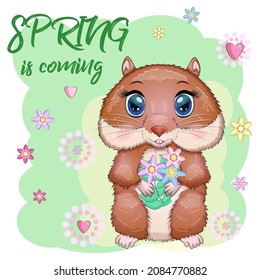 Cute cartoon hamster characters, funny animal with flowers, spring is coming