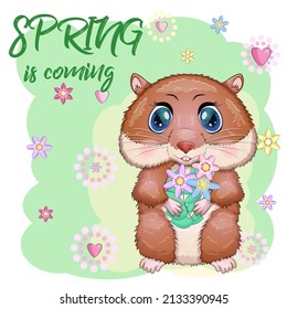 Cute cartoon hamster characters, funny animal with flowers, spring is coming