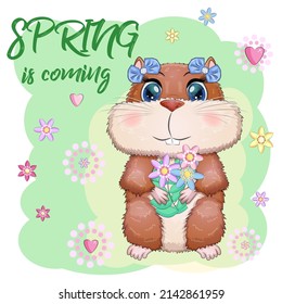 Cute cartoon hamster characters, funny animal with flowers, spring is coming