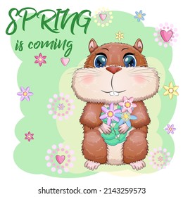 Cute Cartoon Hamster Figuren, lustiges Tier mit Blumen, Frühling kommt.