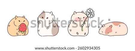Cute cartoon hamster characters holding strawberries and flowers. Chubby rodent pet mascots, funny kawaii domestic animals with chunky bodies. Simple doodle drawing decoration design element set.