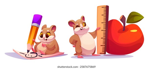 Cute cartoon hamster characters with school supplies - drawing pet with oversized pencil, smiling rodent measuring red apple with wooden ruler. Adorable educational illustrations for children design.