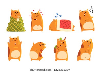 Cute cartoon hamster characters set, funny animal showing various actions and emotions vector Illustrations