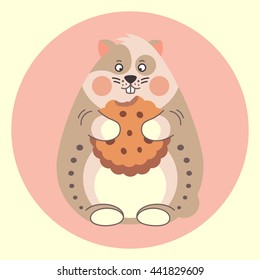 Cute cartoon hamster with cookie in pink circle. Domestic animal isolated on white background. Vector illustration.
