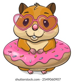 Niedlicher Cartoon Hamster mit Donut auf weißem Hintergrund