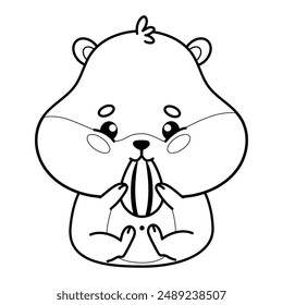 Cute cartoon hamster eats sunflower seed. Outline kawaii animal. Line drawing, coloring book. Vector illustration. Kids collection