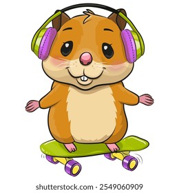 Cute Cartoon Hamster mit Kopfhörer und Brille auf einem Skateboard