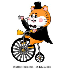 Bonito Cartoon Hamster Mascote, cavalheiro na bicicleta