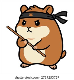 Lindo hámster de dibujos animados ninja sosteniendo un bastón de madera. Divertida Ilustración vectorial de animales de artes marciales con una diadema negra con expresión decidida, aislada en blanco. Perfecto para el diseño de camisetas y pegatinas de karate para niños.