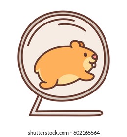 Cute Cartoon Hamster Running In Hamster Wheel. Vector Pet Illustration.