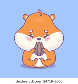 Cute cartoon hamster sits and eats sunflower seed. Funny kawaii animal character. Vector illustration. Kids collection