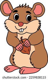 Hermoso hámster de dibujos animados. Ilustración vectorial de un hámster gracioso con nuez