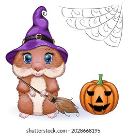 Cute cartoon hamster wearing wizard hat with broom and pumpkins, halloween holiday character.