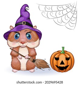 Cute cartoon hamster wearing wizard hat with broom and pumpkins, halloween holiday character.