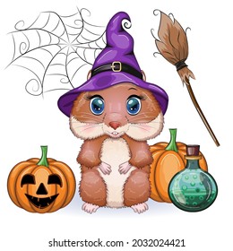 Cute cartoon hamster wearing wizard hat with broom and pumpkins, halloween holiday character.