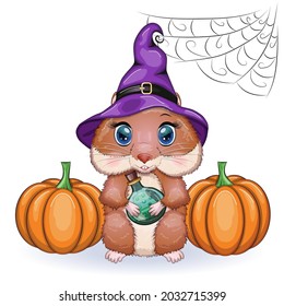 Cute cartoon hamster wearing wizard hat with broom and pumpkins, halloween holiday character.