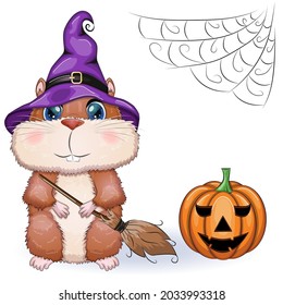 Cute cartoon hamster wearing wizard hat with broom and pumpkins, halloween holiday character.