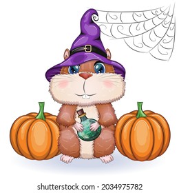 Cute cartoon hamster wearing wizard hat with broom and pumpkins, halloween holiday character.